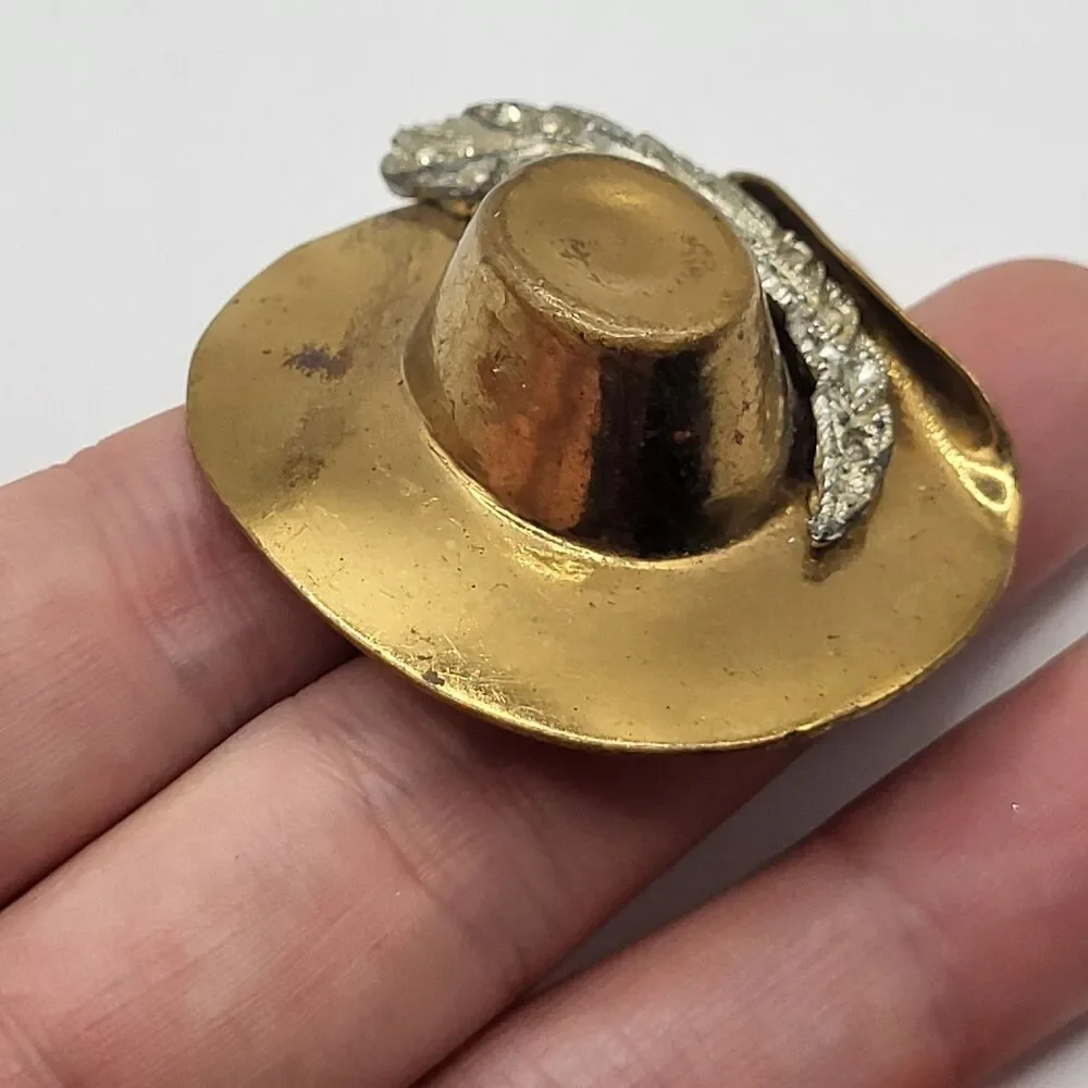 Vintage Brass HAT BROOCH has Metal Stylized Feather 2in